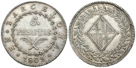 José Napoleón (1808-1814). 5 pesetas. Barcelona. 1809. (Cal-14). Ag. 26,85 g. EBC. Est...500,00.