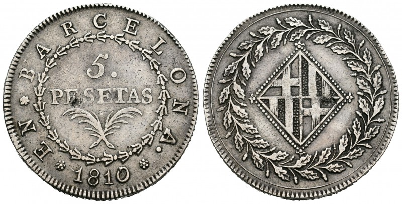 José Napoleón (1808-1814). 5 pesetas. 1810. Barcelona. (Cal-15). Ag. 26,99 g. De...
