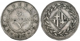 José Napoleón (1808-1814). 5 pesetas. 1810. Barcelona. (Cal-15). Ag. 26,99 g. Defecto de acuñación. MBC+. Est...320,00.