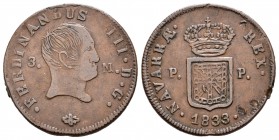 Fernando VII (1808-1833). 3 maravedís. 1833. Pamplona. (Cal-1648). Ae. 5,95 g. Golpecitos en anverso. MBC+. Est...80,00.