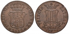 Fernando VII (1808-1833). 6 cuartos. 1814. Cataluña. (Cal-1518). Ae. 14,06 g. Rosetas de 8 pétalos acotando la fecha. Sin punto después de VI. Crusafo...