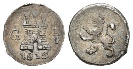 Fernando VII (1808-1833). 1/4 real. 1813/2. Guatemala. (Cal-1437). Ag. 0,77 g. Escasa. MBC+. Est...120,00.