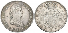 Fernando VII (1808-1833). 8 reales. 1811. Cádiz. CI. (Cal-371). Ag. 27,11 g. Escasa. MBC. Est...250,00.