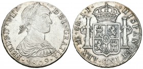 Fernando VII (1808-1833). 8 reales. 1809. Lima. JP. (Cal-473). Ag. 26,89 g. Busto indígena. Leyenda FERDND. Ligeramente limpiada. Aun así buen ejempla...
