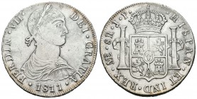 Fernando VII (1808-1833). 8 reales. 1811. Lima. JP. (Cal-476). Ag. 26,99 g. Busto indígena. Ligeramente limpiada. Escasa. MBC+. Est...160,00.