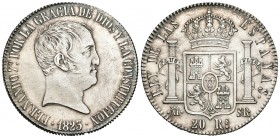 Fernando VII (1808-1833). 20 reales. 1823. Madrid. SR. (Cal-517). Ag. 27,11 g. Tipo cabezón. Buen ejemplar. Brillo original. EBC-. Est...350,00.