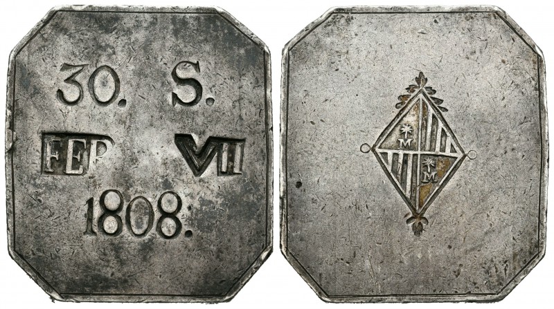 Fernando VII (1808-1833). 30 sous. 1808. Mallorca. (Cal-519). Ag. 26,72 g. Marca...