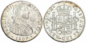Fernando VII (1808-1833). 8 reales. 1809. México. TH. (Cal-539). Ag. 26,94 g. Busto imaginario. Pleno brillo original. SC-. Est...250,00.