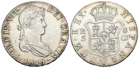 Fernando VII (1808-1833). 8 reales. 1818. Sevilla. CJ. (Cal-642). Ag. 26,86 g. Buen ejemplar. Brillo original. EBC. Est...260,00.
