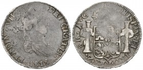 Fernando VII (1808-1833). 8 reales. 1818. Zacatecas. AG. (Cal-689). Ag. 25,87 g. Pátina. Vanos habituales. Escasa. MBC-/MBC. Est...90,00.