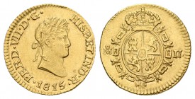 Fernando VII (1808-1833). 1/2 escudo. 1815. México. JJ. (Cal-362). Au. 1,71 g. Rara, aún más en esta conservación. EBC. Est...600,00.