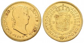 Fernando VII (1808-1833). 2 escudos. 1814. Lima. JP. (Cal-196). Au. 6,68 g. Muy rara. BC+/MBC-. Est...600,00.