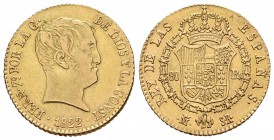 Fernando VII (1808-1833). 80 reales. 1822. Madrid. SR. (Cal-218). Au. 6,76 g. Tipo "cabezón". MBC/MBC+. Est...240,00.