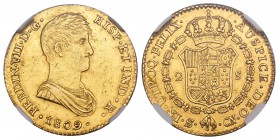 Fernando VII (1808-1833). 2 escudos. 1809. Sevilla. CN. (Cal-256). Au. Segundo busto. Buen ejemplar. Encapsulada por NGC como AU 55. Rara. Est...350,0...