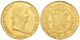 Fernando VII (1808-1833). 8 escudos. 1821. Guadalajara. FS. (Cal-7). (Cal onza-1204). Au. 26,82 g. Escudete normal. Muy rara. MBC. Est...5000,00.