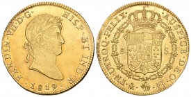 Fernando VII (1808-1833). 8 escudos. 1819. México. JJ. (Cal-60). (Cal onza-1270). Au. 27,02 g. Buen ejemplar. Brillo original. EBC+. Est...1500,00.