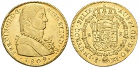 Fernando VII (1808-1833). 8 escudos. 1809. Santiago. FJ. (Cal-113). (Cal onza-1343). Au. 27,01 g. Busto almirante, con punto entre ensayadores. Restos...