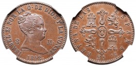 Isabel II (1833-1868). 8 maravedís. 1852. Barcelona. (Cal-467). Ae. 11,32 g. Encapsulada por NGC como MS 64 BN. Bello ejemplar. Dos ejemplares conocid...