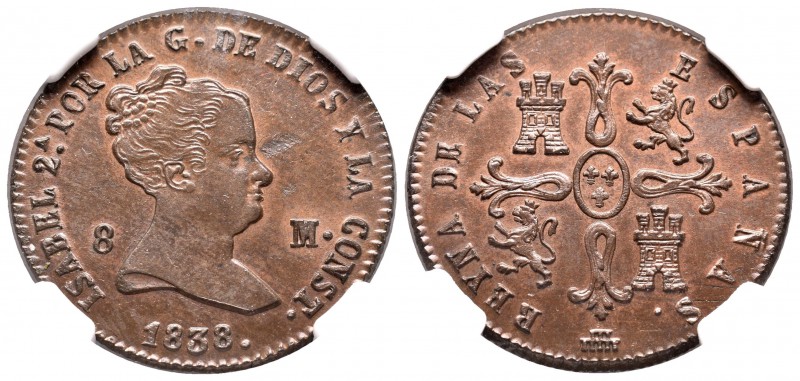 Isabel II (1833-1868). 8 maravedís. 1838. Segovia. (Cal-493). Ae. 11,01 g. Encap...