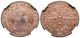 Isabel II (1833-1868). 8 maravedís. 1845. Segovia. (Cal-501). Ae. 10,47 g. Encapsulada por NGC como MS 65 RB. Brillo original. Rara en esta conservaci...