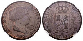 Isabel II (1833-1868). 25 céntimos de real. 1863. Segovia. Ae. Encapsulada por NN Coins como MS 63 BN. Contramarca LARRA en óvalo. Atribuido a Baldome...