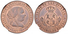Isabel II (1833-1868). 5 céntimos de escudo. 1866. Barcelona. Sin OM. (Cal-622). Ae. 12,58 g. Encapsulada por PDG como MS 64 RB. Restos de brillo orig...