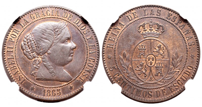 Isabel II (1833-1868). 5 céntimos de escudo. 1865. Madrid. Sin OM. (Cal-630). Ae...