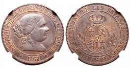 Isabel II (1833-1868). 5 céntimos de escudo. 1865. Madrid. Sin OM. (Cal-630). Ae. 11,88 g. Encapsulada por NGC como MS 63 RB. Nofiguraba en las mejore...
