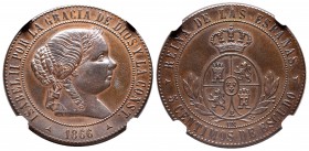 Isabel II (1833-1868). 5 céntimos de escudo. 1866. Segovia. OM. (Cal-631). Ae. 12,21 g. Encapsulada por NGC como MS 64 BN. Precioso color. Ex colecció...