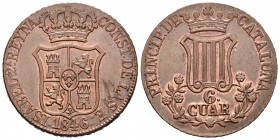 Isabel II (1833-1868). 6 cuartos. 1846. Barcelona. (Cal-698). Ae. 14,22 g. Flores de siete pétalos. Restos de brillo original. EBC+. Est...200,00.
