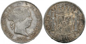 Isabel II (1833-1868). 20 reales. 1862. Sevilla. (Cal-200). Ag. 25,83 g. Pátina. Muy escasa. MBC+. Est...250,00.