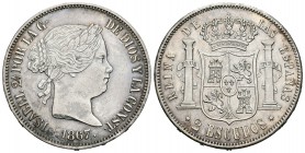 Isabel II (1833-1868). 2 escudos. 1867. Madrid. (Cal-204). Ag. 26,05 g. Brillo original. EBC/EBC+. Est...250,00.