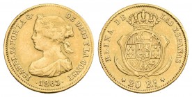 Isabel II (1833-1868). 20 reales. 1863/1. Madrid. (Cal-121). Au. 1,64 g. Rarísima. MBC. Est...1800,00.