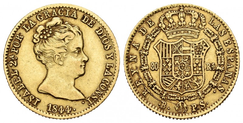 Isabel II (1833-1868). 80 reales. 1844. Barcelona. PS. (Cal-62). Au. 6,72 g. Gol...