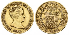 Isabel II (1833-1868). 80 reales. 1844. Barcelona. PS. (Cal-62). Au. 6,72 g. Golpecito en el canto. MBC+. Est...250,00.