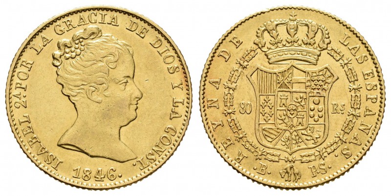 Isabel II (1833-1868). 80 reales. 1846. Barcelona. PS. (Cal-64). Au. 6,76 g. EBC...