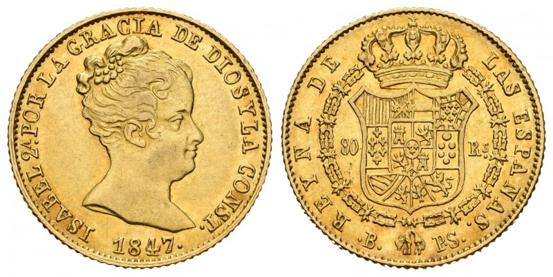 Isabel II (1833-1868). 80 reales. 1847. Barcelona. PS. (Cal-65). Au. 6,73 g. EBC...