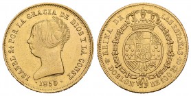 Isabel II (1833-1868). Doblón de 100 reales. 1850. Madrid. CL. (Cal-3). Au. 8,12 g. Golpecitos. Escasa. MBC+/EBC-. Est...300,00.