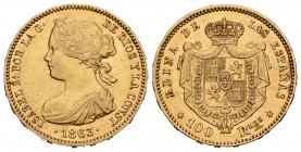 Isabel II (1833-1868). 100 reales. 1863. Madrid. (Cal-28). Au. 8,37 g. Golpecito en el canto. EBC-/EBC. Est...240,00.