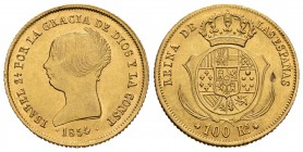 Isabel II (1833-1868). 100 reales. 1854. Sevilla. (Cal-32). Au. 8,38 g. Hojita en reverso. EBC+. Est...260,00.