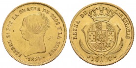 Isabel II (1833-1868). 100 reales. 1855. Sevilla. (Cal-33). Au. 8,33 g. Pequeñas marcas en anverso. EBC-/EBC. Est...260,00.
