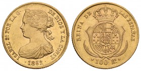 Isabel II (1833-1868). 100 reales. 1862. Sevilla. (Cal-40). Au. 8,42 g. Leve rayita en anverso. EBC+. Est...260,00.