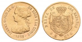 Isabel II (1833-1868). 2 escudos. 1865. Madrid. (Cal-122). Au. 1,67 g. Escasa. MBC+/MBC. Est...160,00.