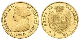 Isabel II (1833-1868). 2 escudos. 1868*6-8. Madrid. (Cal-123 variante). Au. 1,68 g. Muy rara. MBC+. Est...900,00.