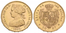 Isabel II (1833-1868). 10 escudos. 1868*18-68. Madrid. (Cal-47). Au. 8,37 g. Brillo original. SC-. Est...300,00.