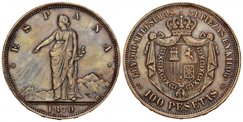 Gobierno Provisional (1868-1871). Prueba en cobre de 100 pesetas. 1870*18-70. Ma...