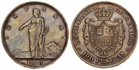 Gobierno Provisional (1868-1871). Prueba en cobre de 100 pesetas. 1870*18-70. Madrid. (Cal-tipo 1). (Cayón-17441). Ae. 18,27 g. En el canto: SOBERANIA...