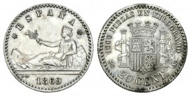 Gobierno Provisional (1868-1871). 20 céntimos. 1869*6-9. Madrid. SNM. (Cal-21). 21. 0,98 g. La moneda de plata más rara del Centenario de la Peseta, s...