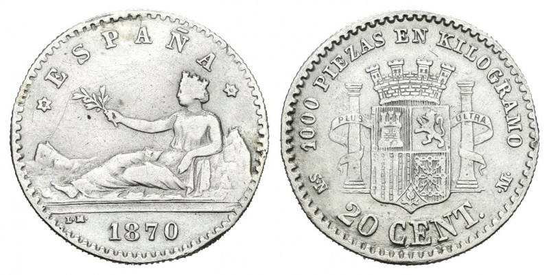 Gobierno Provisional (1868-1871). 20 céntimos. 1870*7-0. Madrid. SNM. (Cal-22). ...