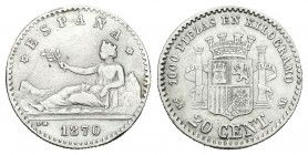 Gobierno Provisional (1868-1871). 20 céntimos. 1870*7-0. Madrid. SNM. (Cal-22). Ag. 0,95 g. Limpiada. Rara. MBC-. Est...220,00.